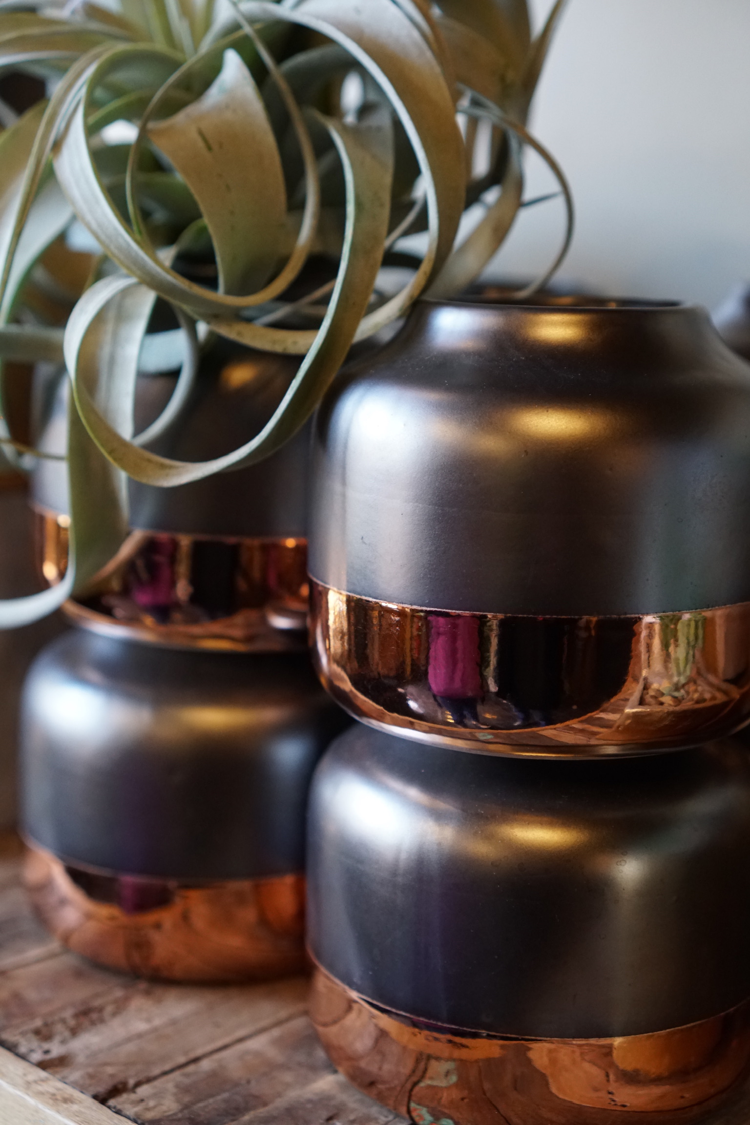 Four metallic planters with copper accents are stacked on a wooden surface, with an air plant placed in the top planter.