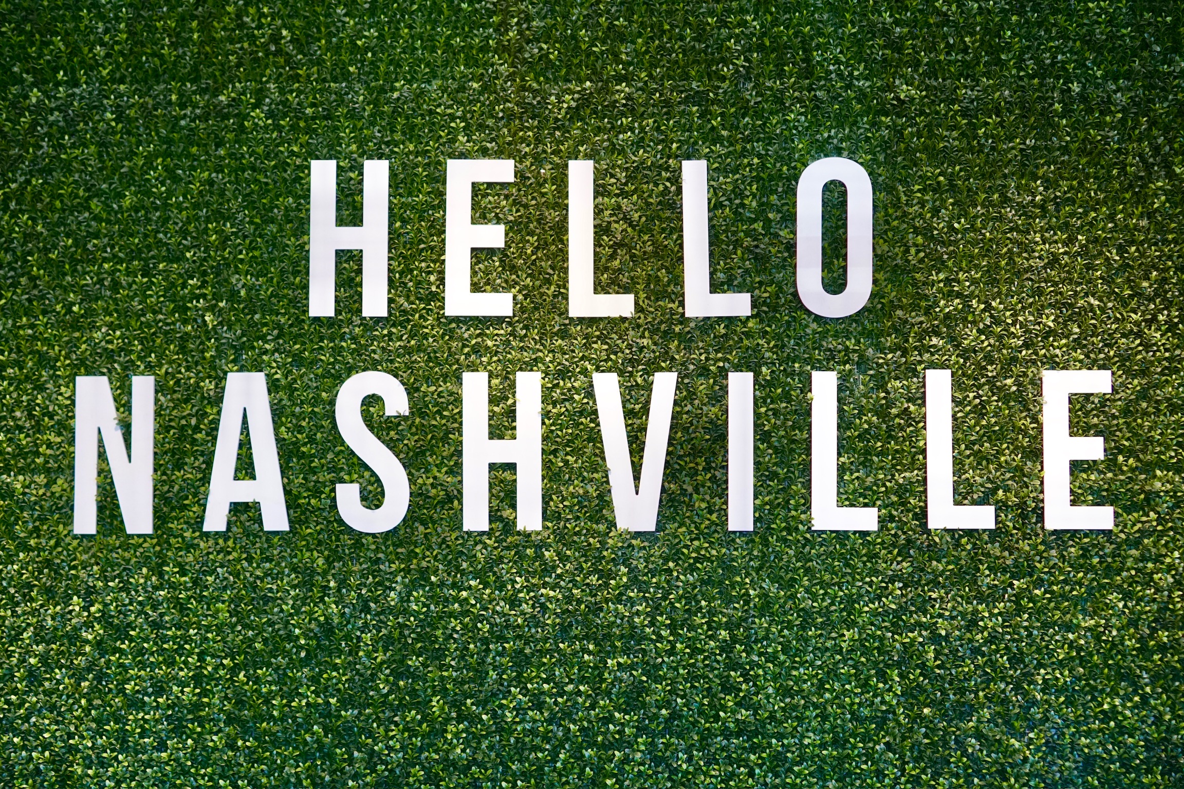 Large white letters spelling "HELLO NASHVILLE" are displayed on a green, leafy background.