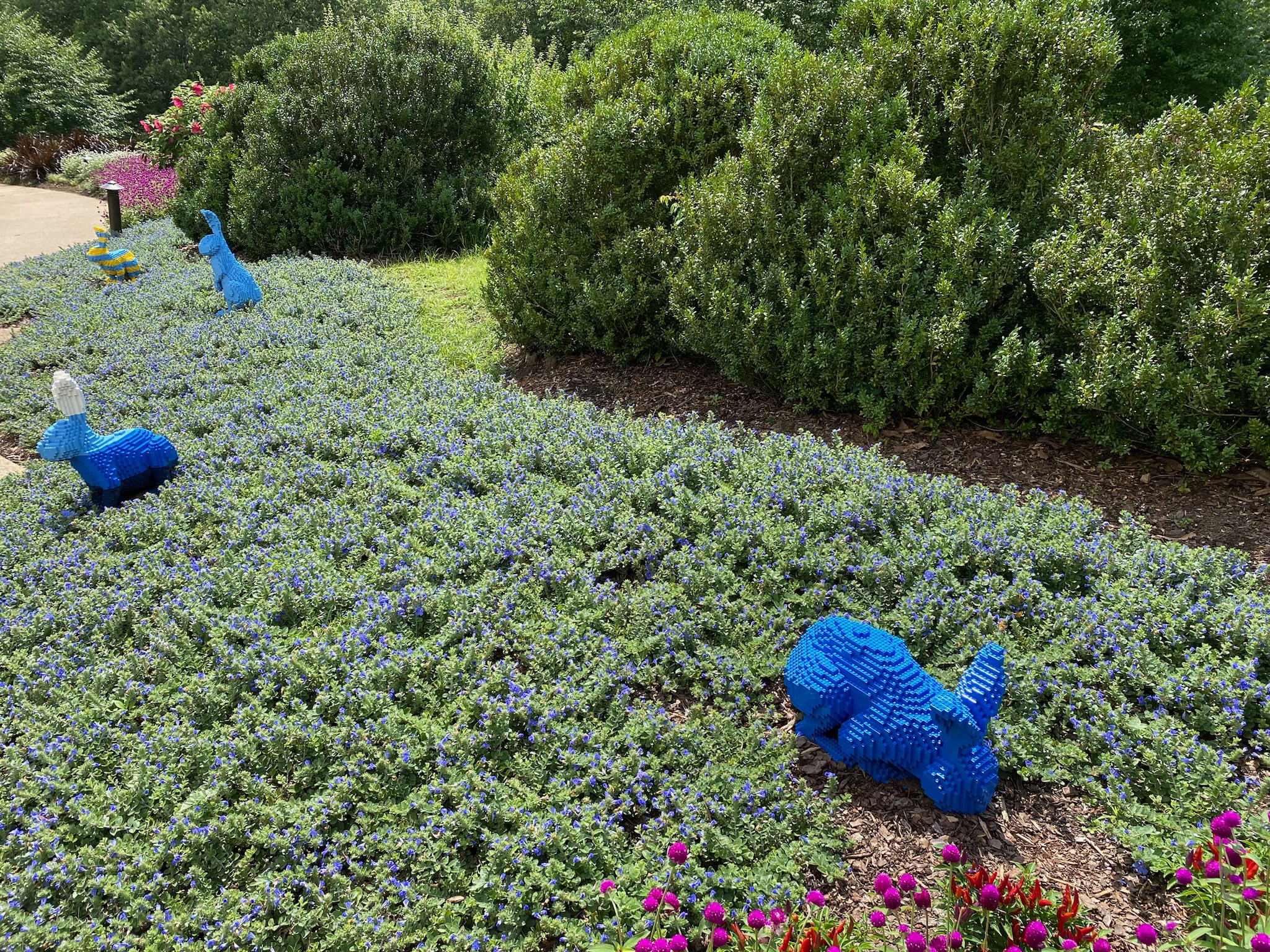 Three blue rabbit sculptures made from LEGO bricks are displayed on a green, shrub-covered hillside in a garden.