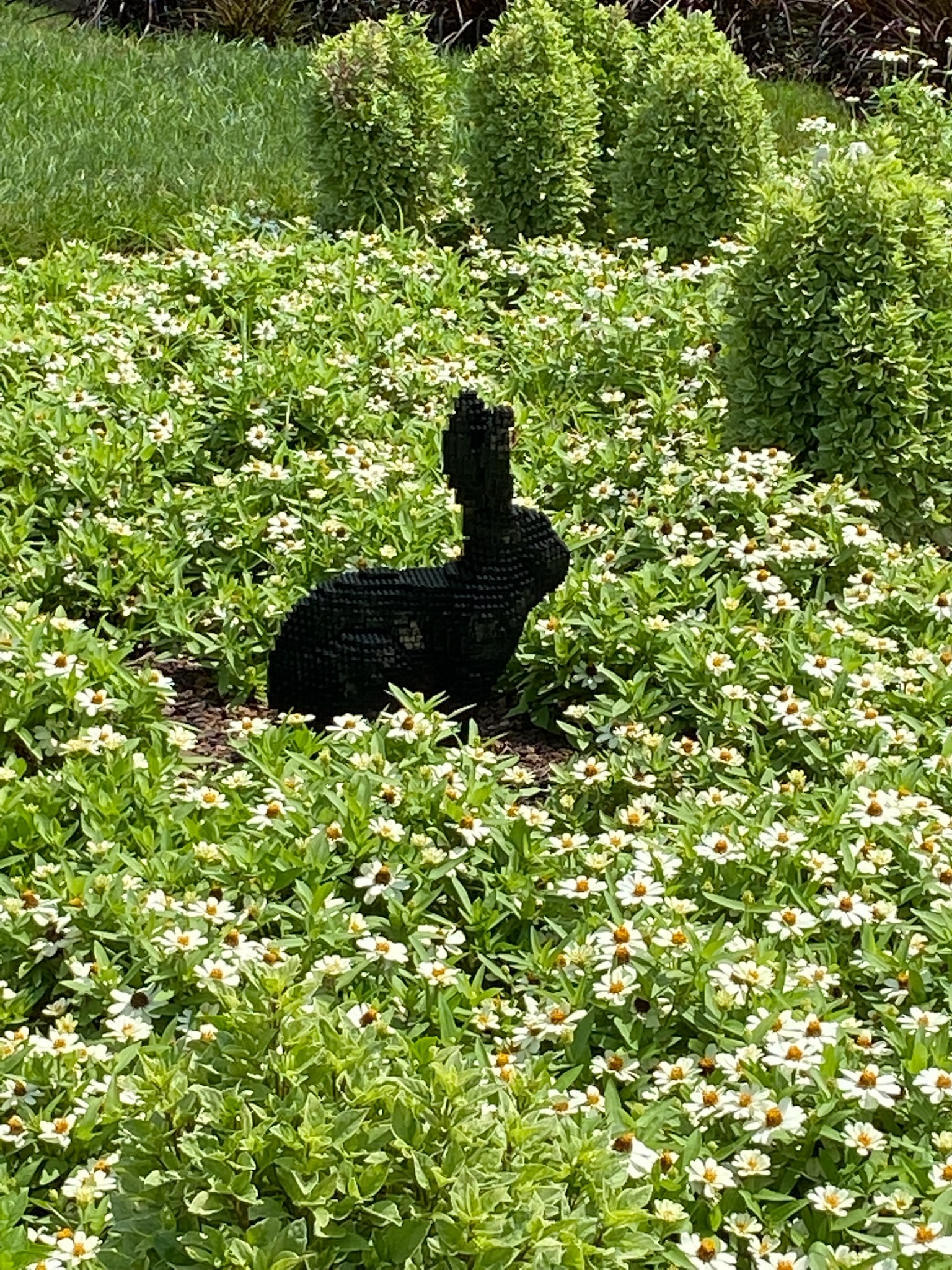 A black rabbit sculpture made of small blocks sits among green plants and white flowers in a garden.