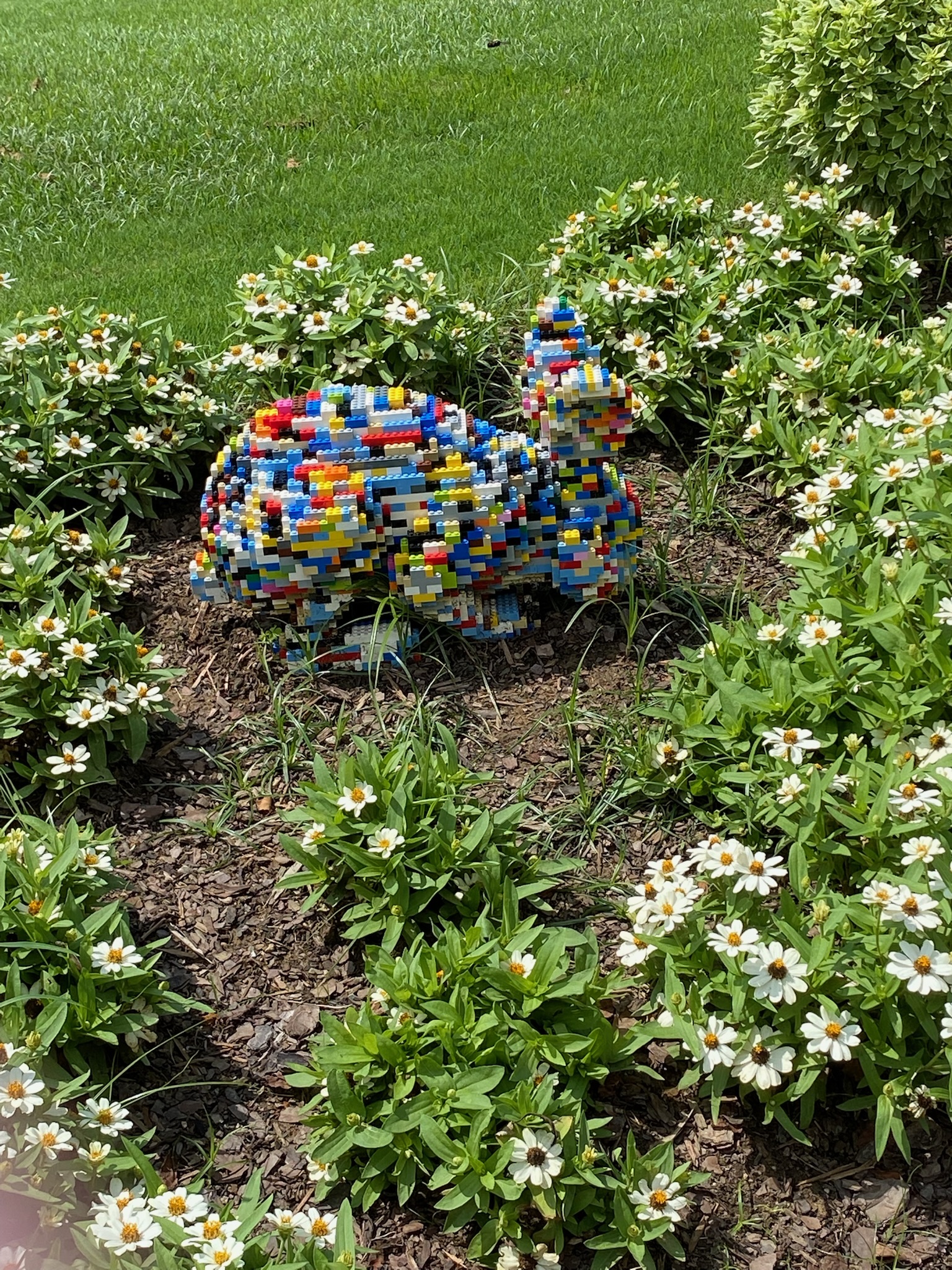 A multicolored rabbit sculpture made of Lego bricks is placed in a flower bed surrounded by white daisies and green grass.