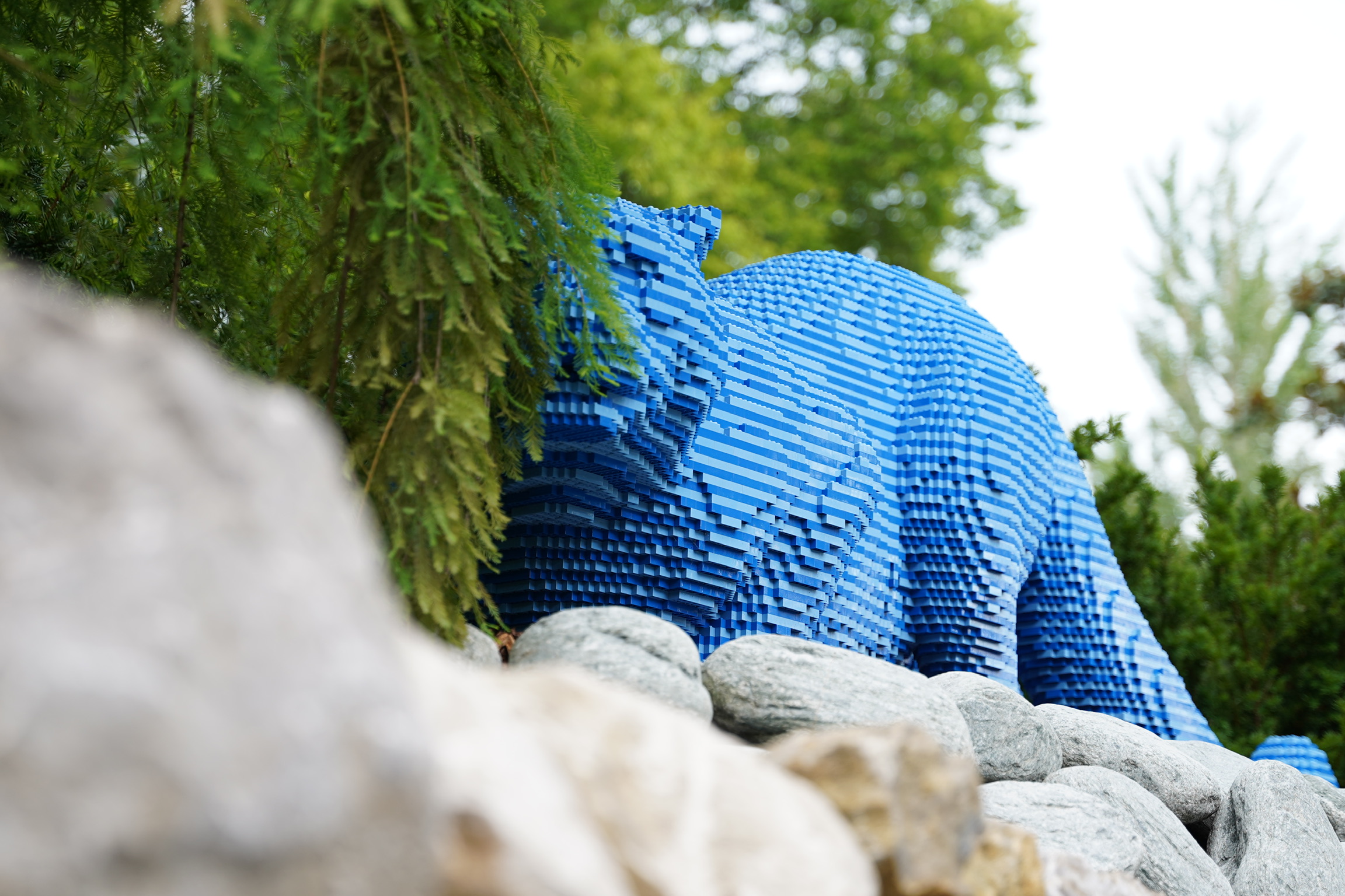 A large blue bear sculpture made of stacked rectangular blocks stands behind rocks and greenery in an outdoor setting.