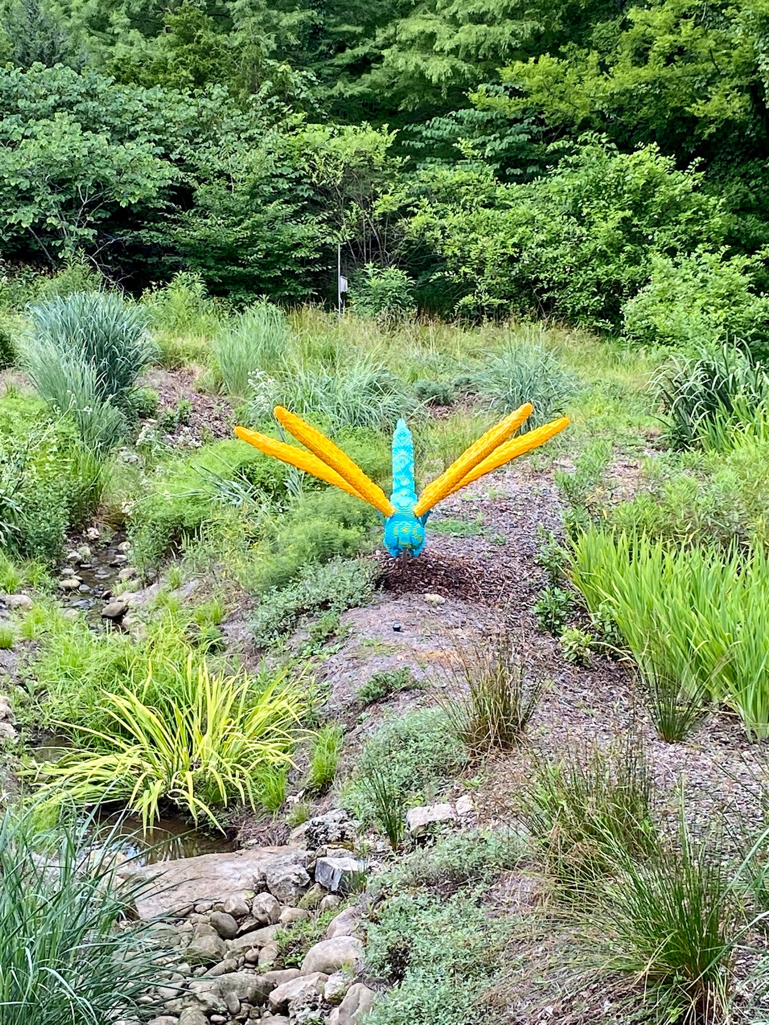 A large, colorful dragonfly sculpture with yellow wings and a blue body sits on a grassy, rocky slope surrounded by green plants and trees.