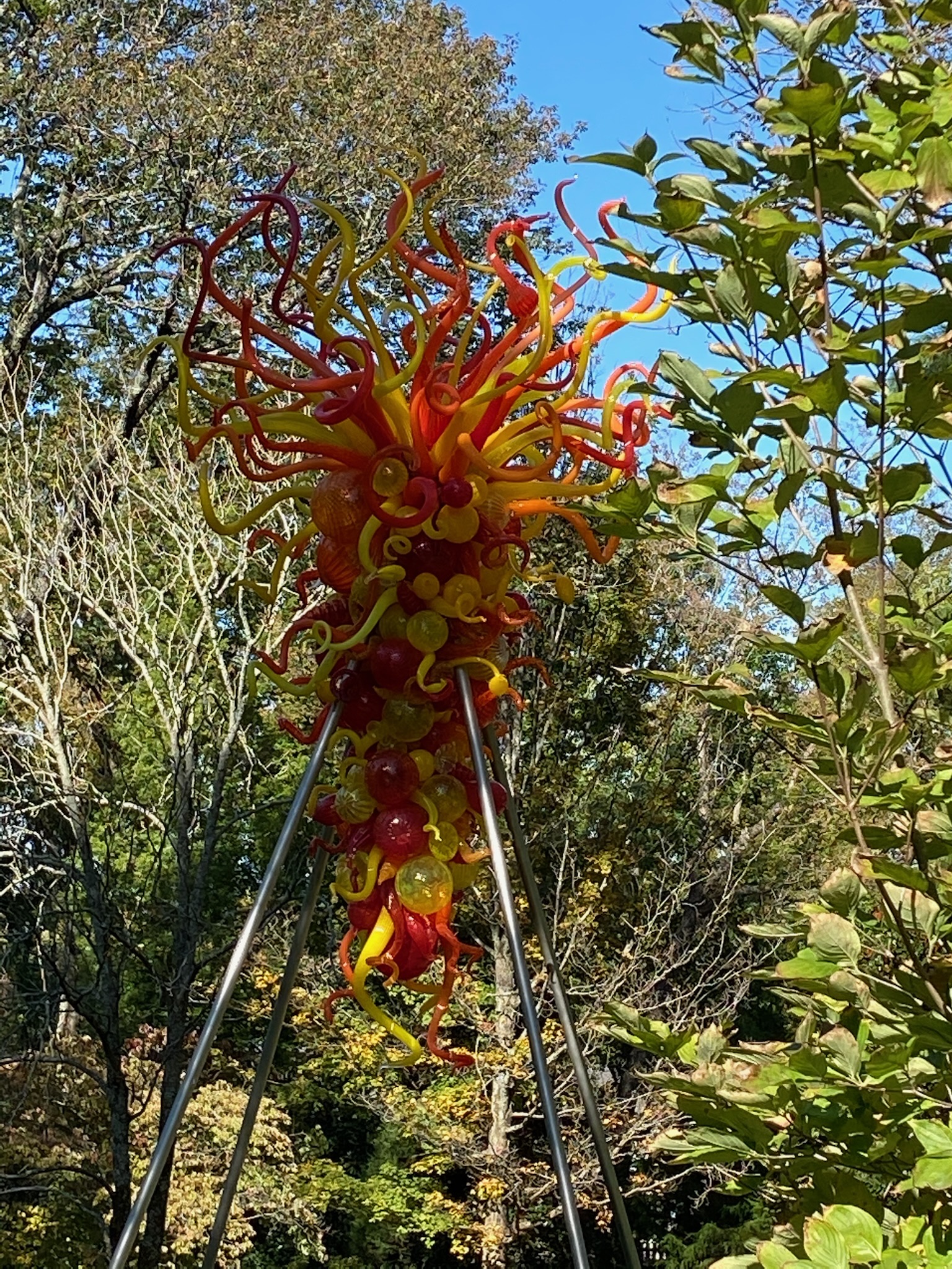 A glass sculpture with swirling red, orange, and yellow shapes stands on metal supports outdoors in Nashville, surrounded by trees and foliage.