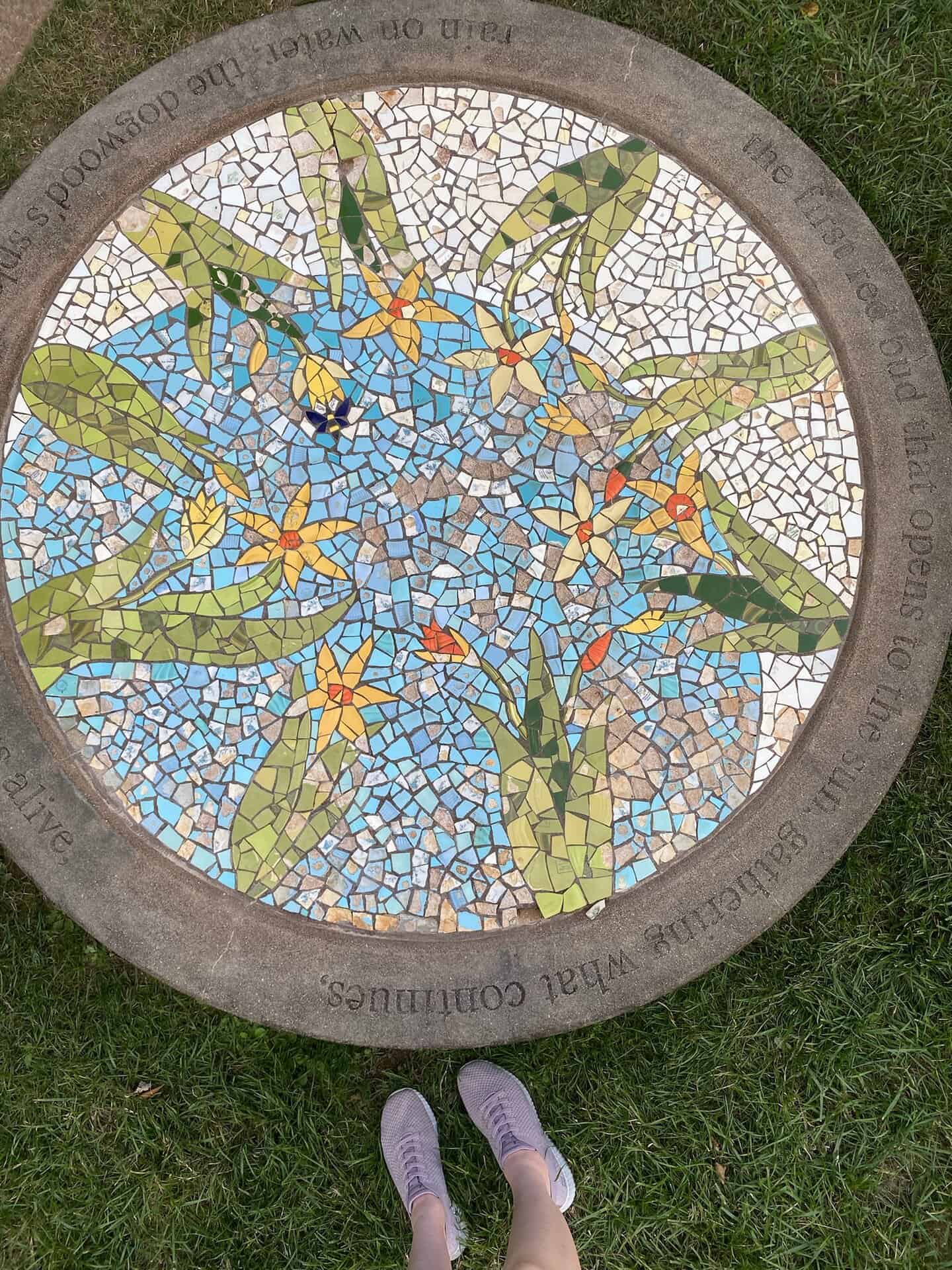 A circular mosaic on the ground depicts yellow flowers and green leaves against a blue and gray background. Text is inscribed around the mosaic. Two feet in sneakers are visible at the bottom.