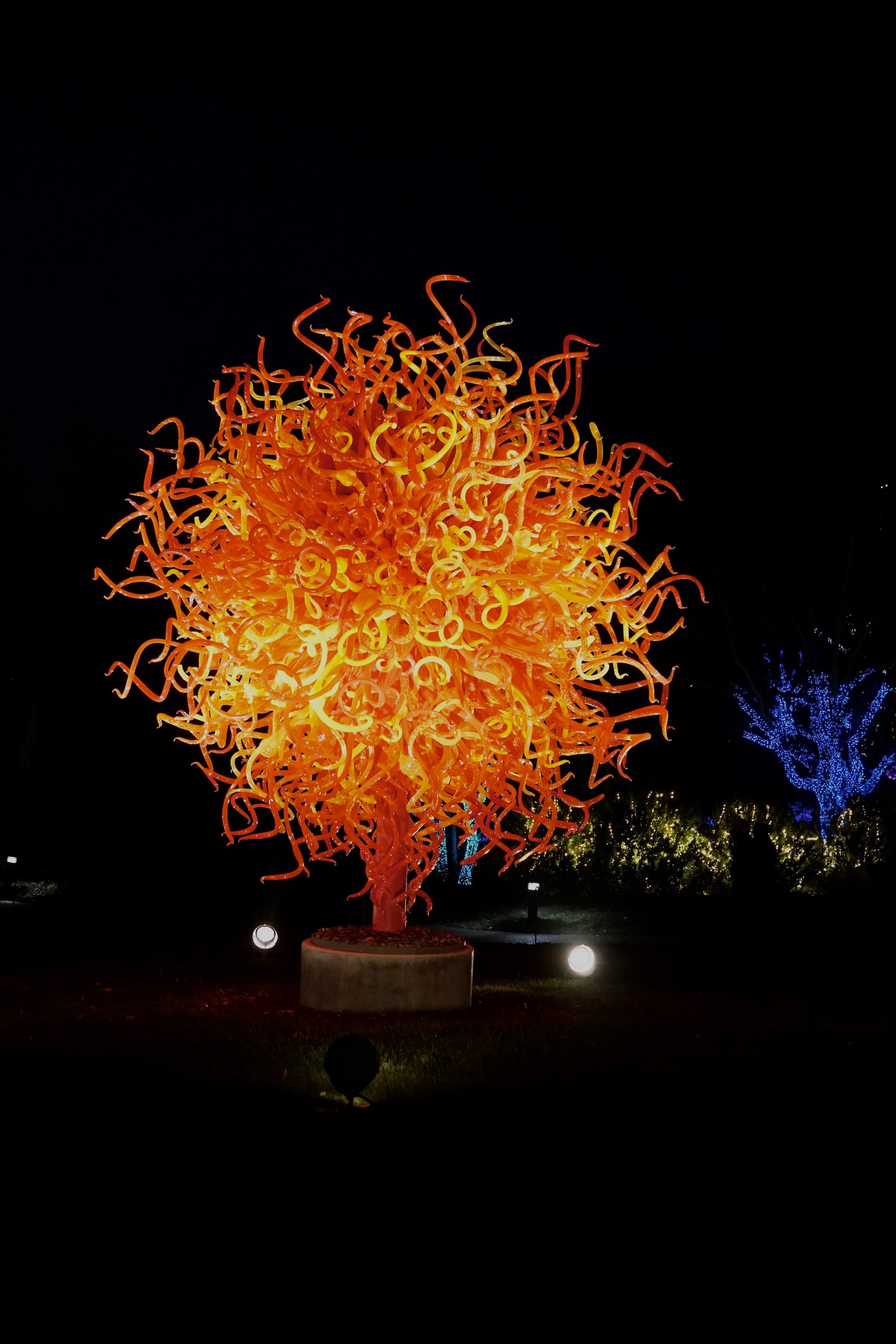 A large, intricate glass sculpture with twisting orange and yellow tendrils is illuminated at night, standing on a pedestal in an outdoor garden.