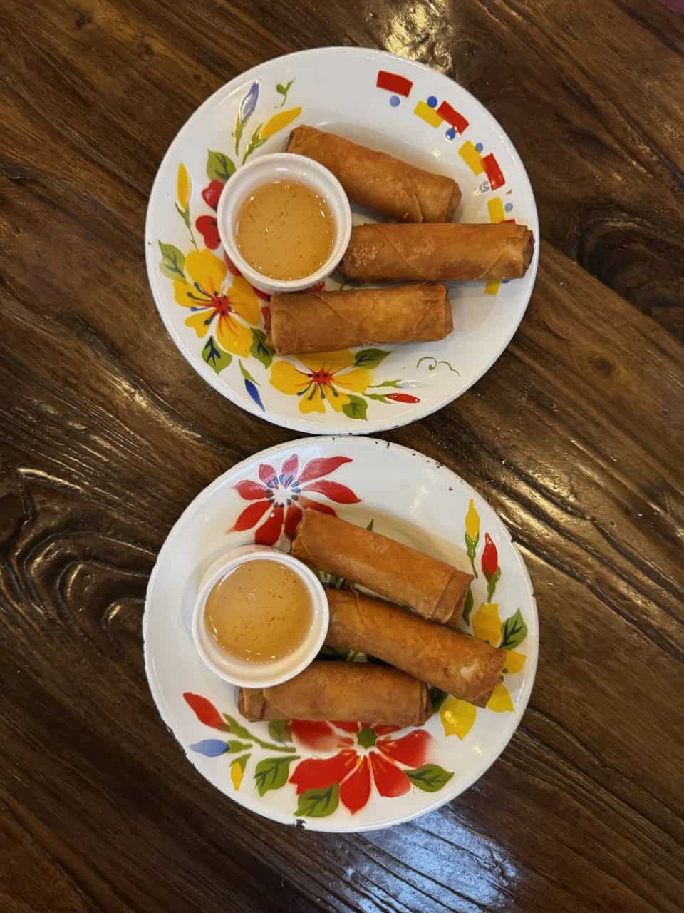 Two plates with spring rolls arranged around small cups of dipping sauce, set on a wooden table in a cozy Nashville eatery. Each plate features colorful floral designs, adding an artistic touch to the inviting Southern ambiance.