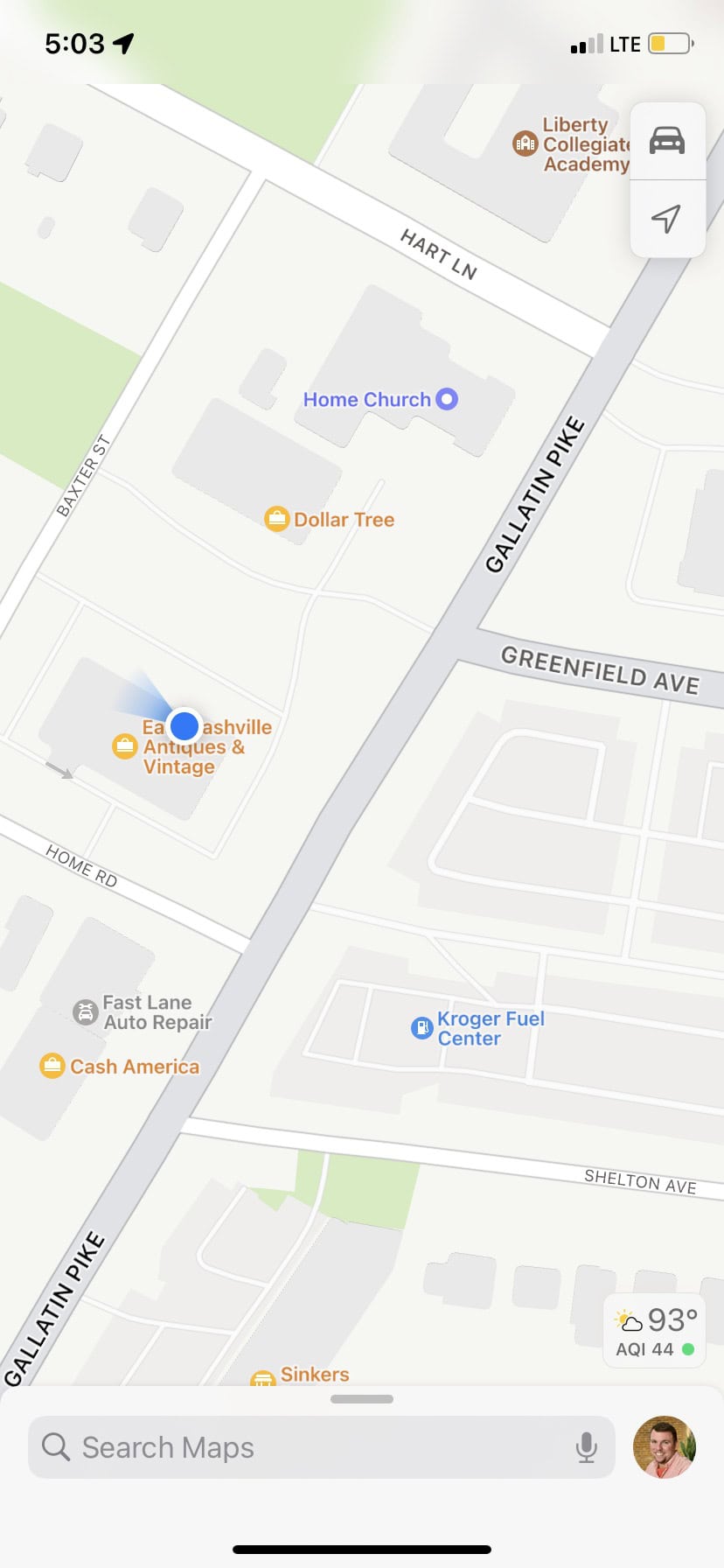 Map showing Gallatin Pike area with locations like Dollar Tree, Kroger Fuel Center, and Home Church. Nearby streets include Hart Ln, Greenfield Ave, and Home Rd. Time displayed is 5:03.
