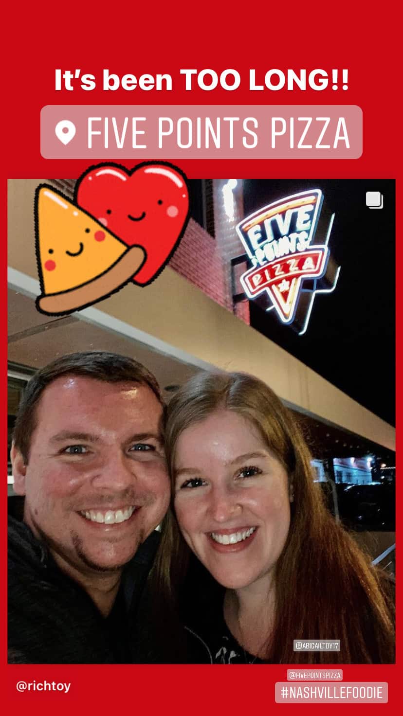 A man and woman smile in front of the Five Points Pizza sign at night. Text and emoji graphics are overlaid on the image.