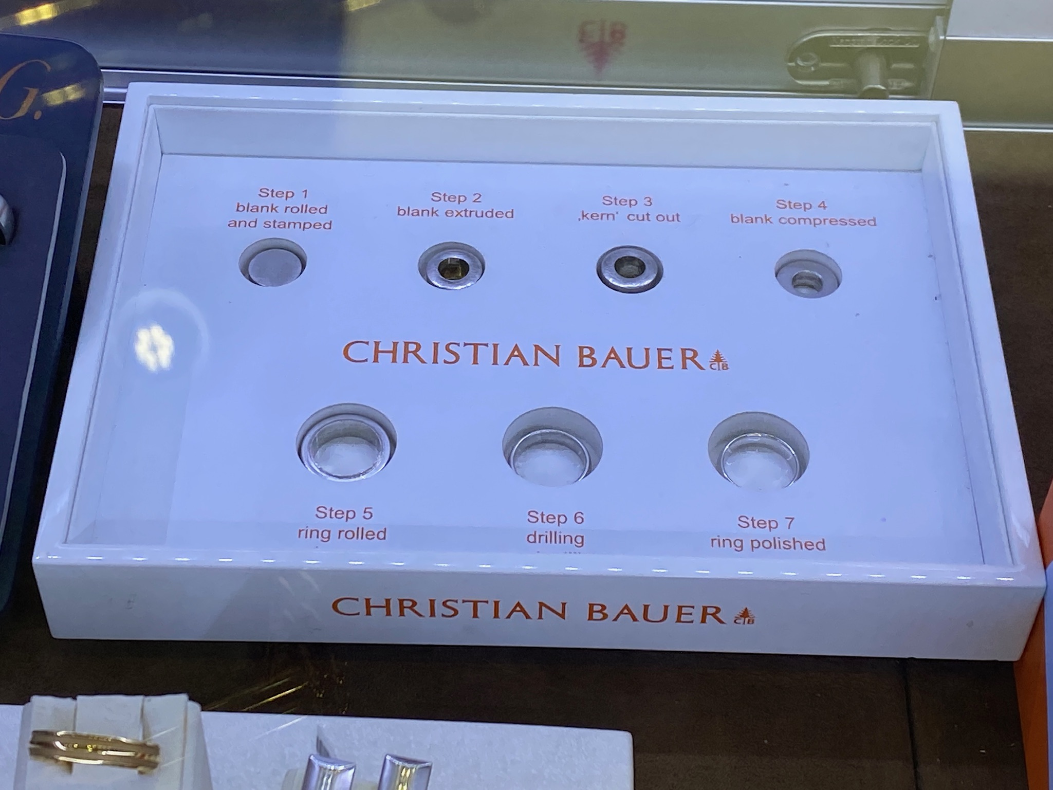 Display showing the seven-step process of making a Christian Bauer ring, from blank and stamped to rolled, drilled, and polished, with each stage illustrated by a metal sample.