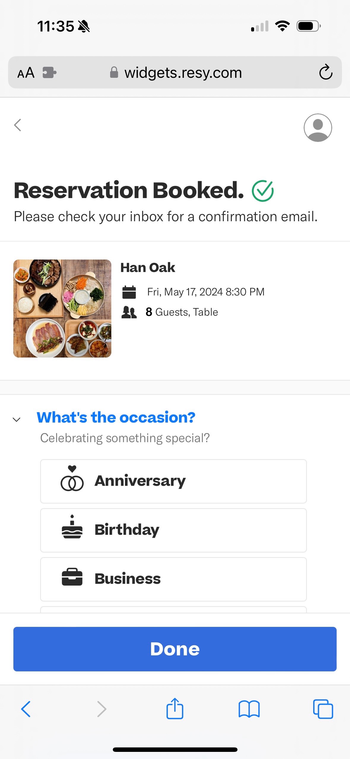 A reservation for eight at Han Oak is booked for May 17, 2024, at 8:30 PM; occasion options include anniversary, birthday, or business.