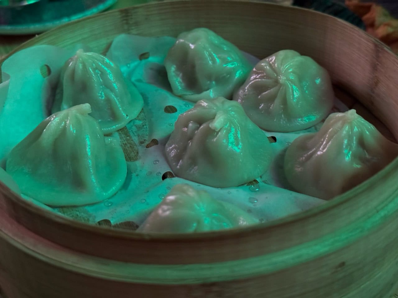 A bamboo steamer basket brimming with seven steamed dumplings rests on parchment paper, illuminated by Nashville's vibrant green lighting.