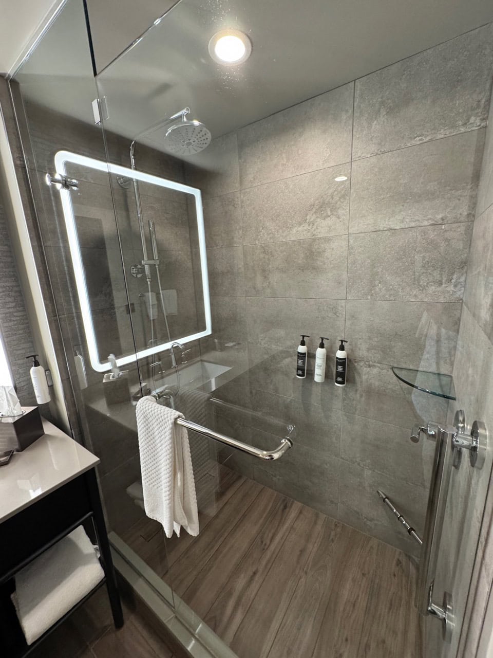 A modern Nashville bathroom features a glass-enclosed shower, gray tiles, dual showerheads, an illuminated mirror, a towel on the rail, and bottles on a shelf.