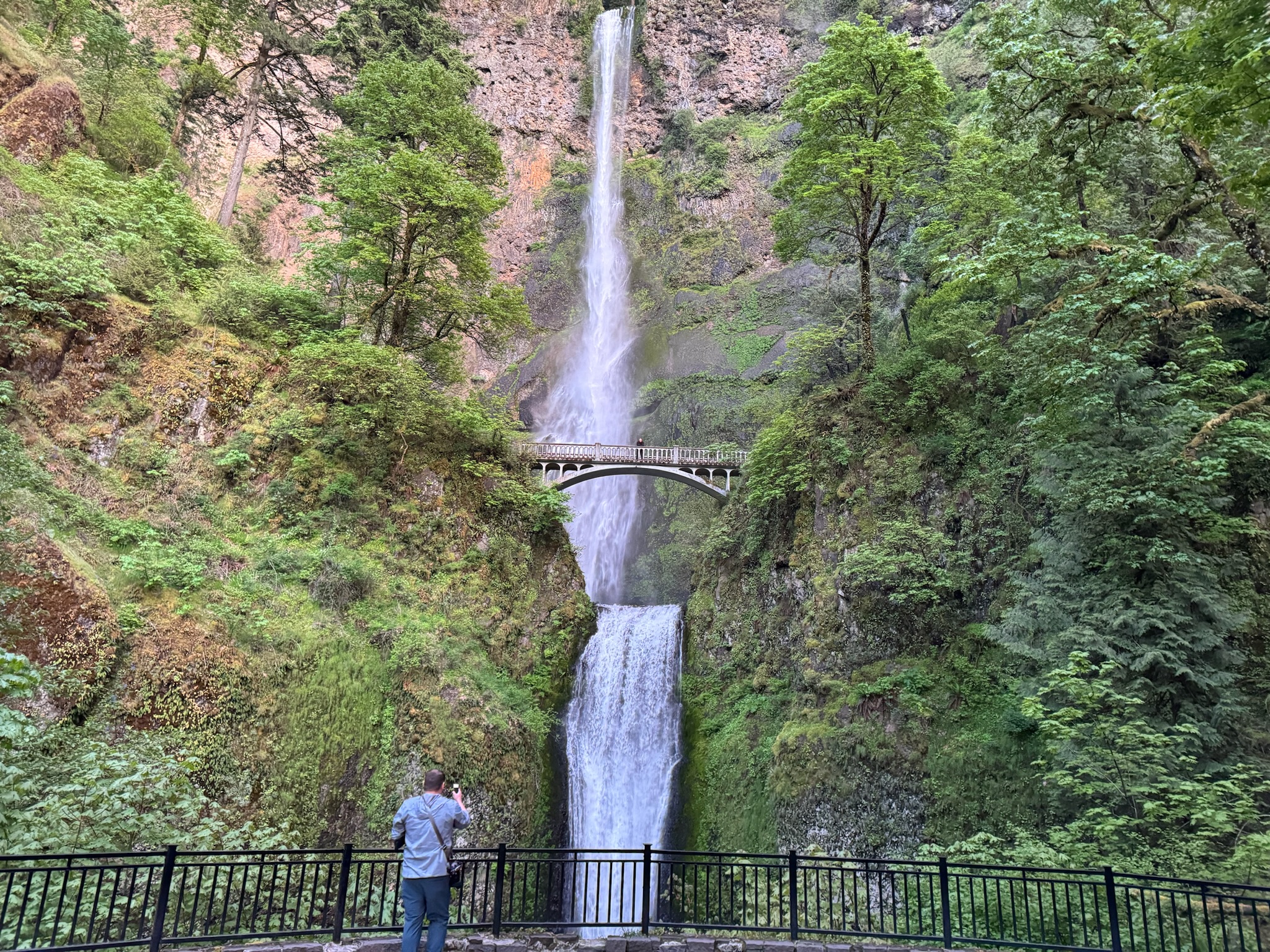 A person stands at a railing, taking a photo of a tall two-tiered waterfall with a footbridge spanning the upper cascade, surrounded by lush green trees and moss.