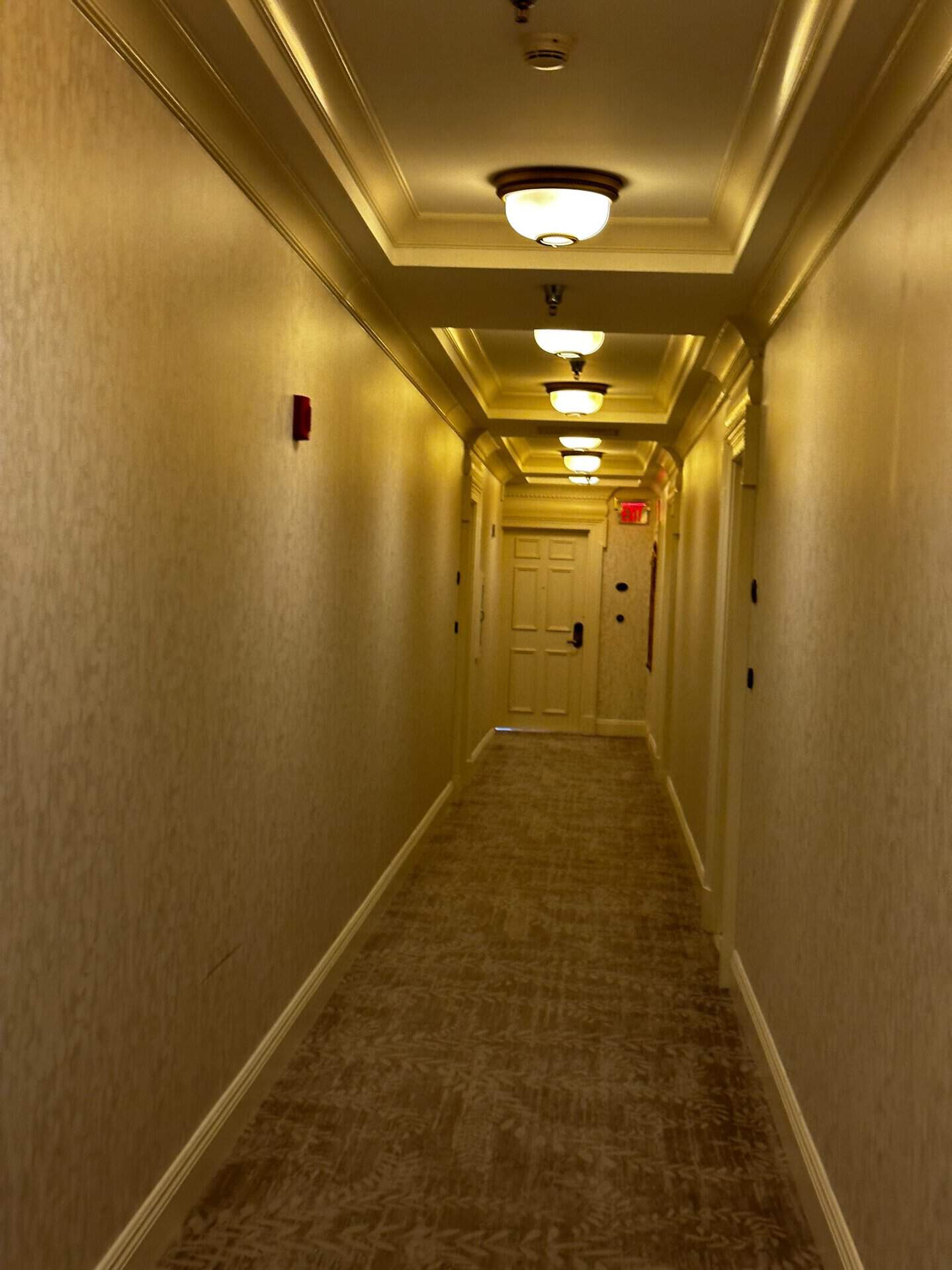The hotel hallway in Nashville features beige walls and carpet, softly illuminated by ceiling lights. Doors line both sides, guiding you to your destination, while a prominent red exit sign glows above the door at the end, assuring safety and ease of navigation.