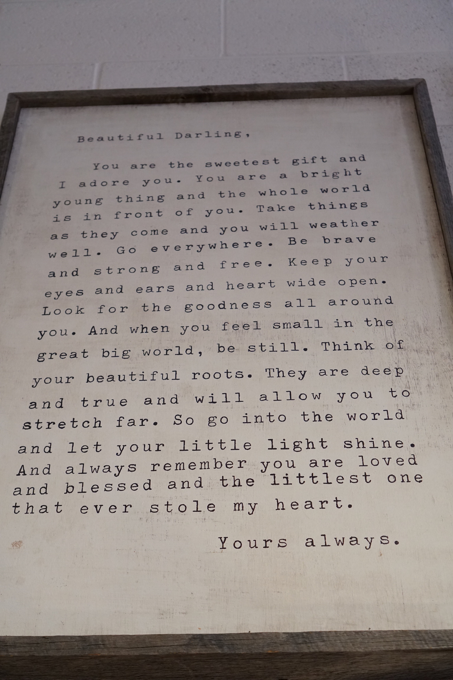 Framed print with a sentimental letter titled "Beautiful Darling," offering encouragement, advice, and expressions of love and support to the reader in typewriter font.