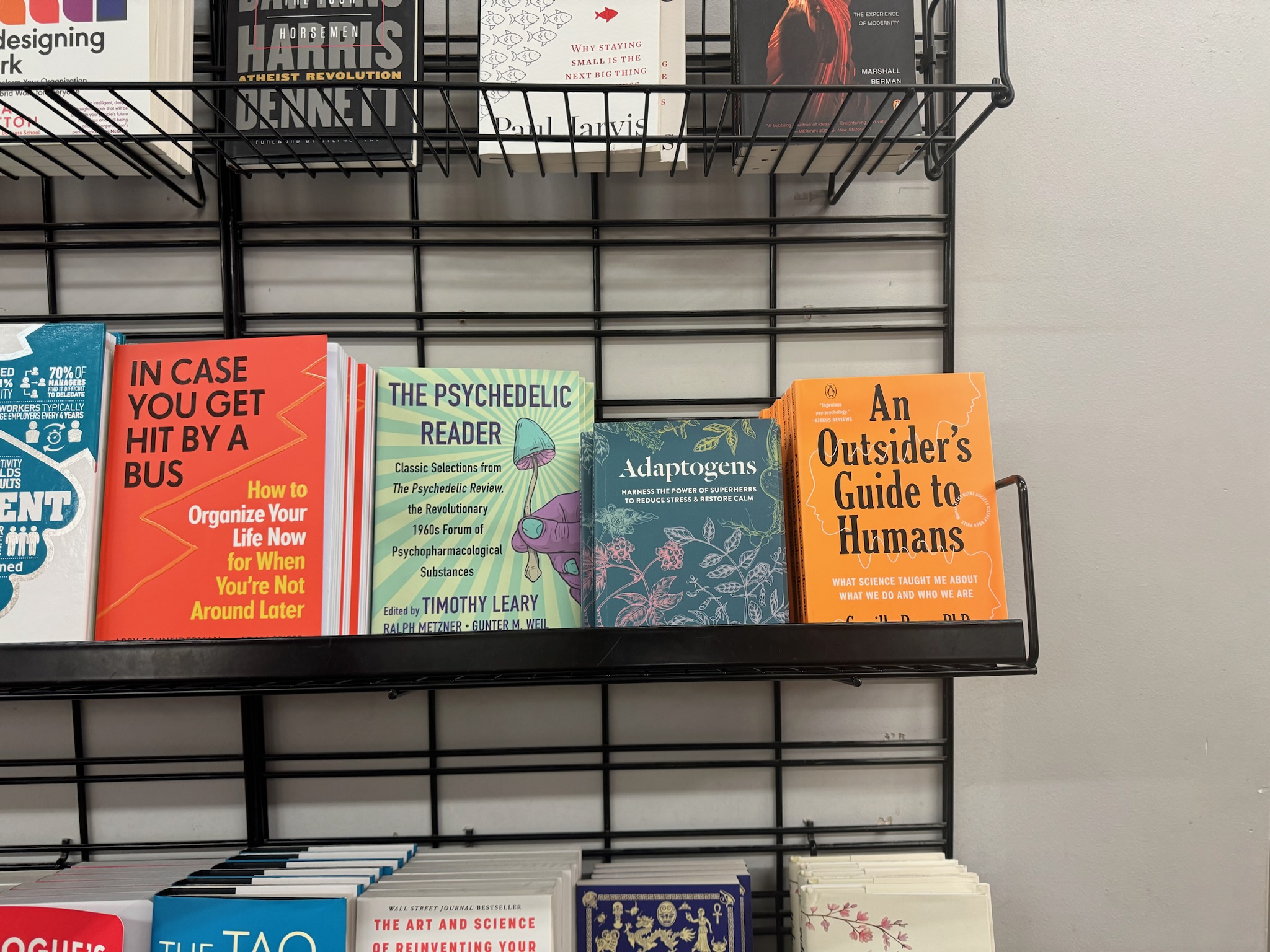 A shelf display of books including "In Case You Get Hit By a Bus," "The Psychedelic Reader," "Adaptogens," and "An Outsider’s Guide to Humans.