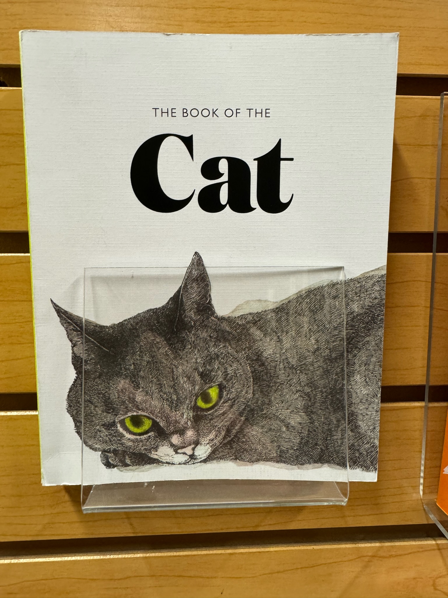 A book titled "The Book of the Cat" featuring an illustration of a gray cat with green eyes lying down on the cover.