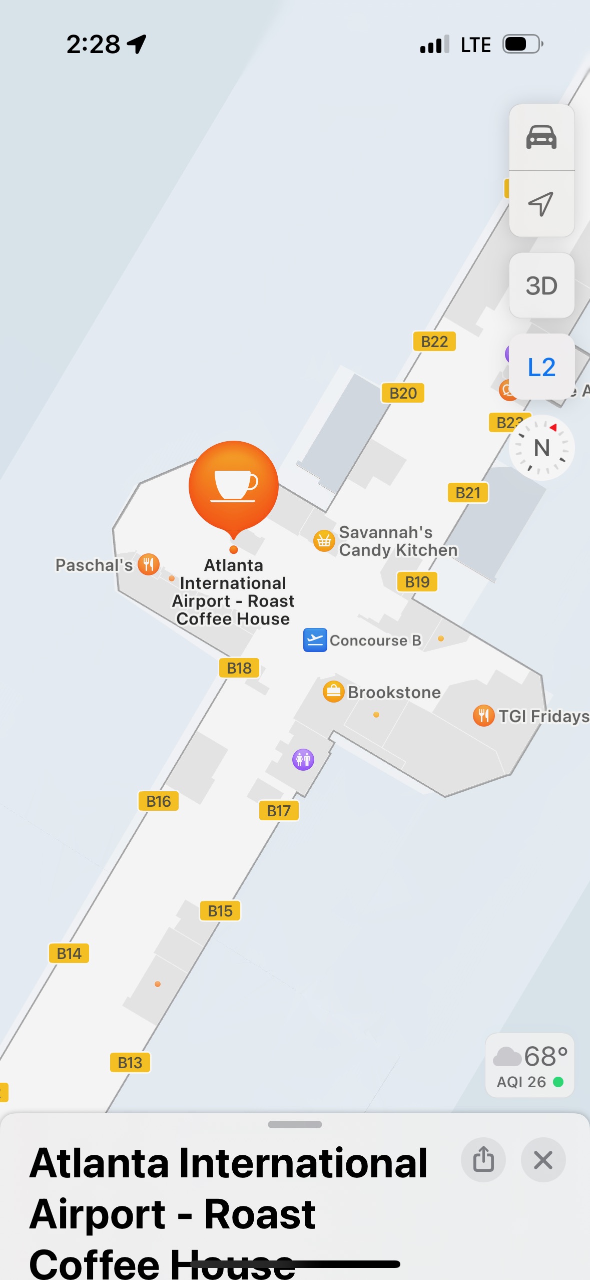 Map showing the location of Atlanta International Airport - Roast Coffee House in Concourse B, with nearby stores and gates labeled.