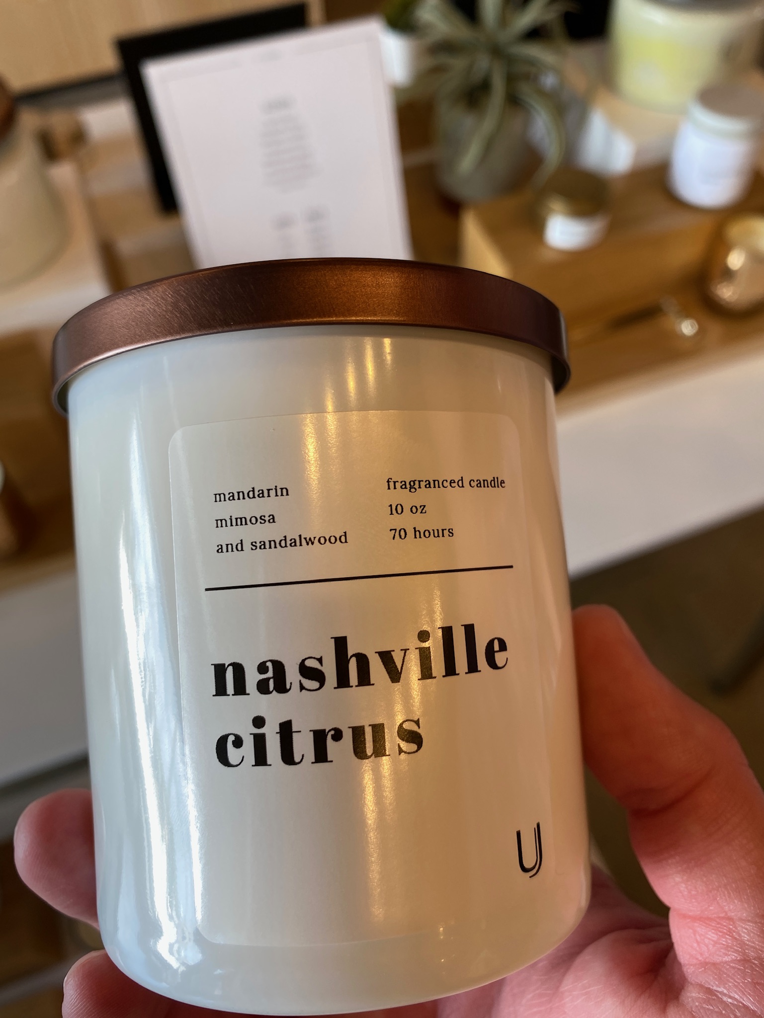 A hand holds a white candle labeled "nashville citrus," featuring notes of mandarin, mimosa, and sandalwood; 10 oz, 70-hour burn time.