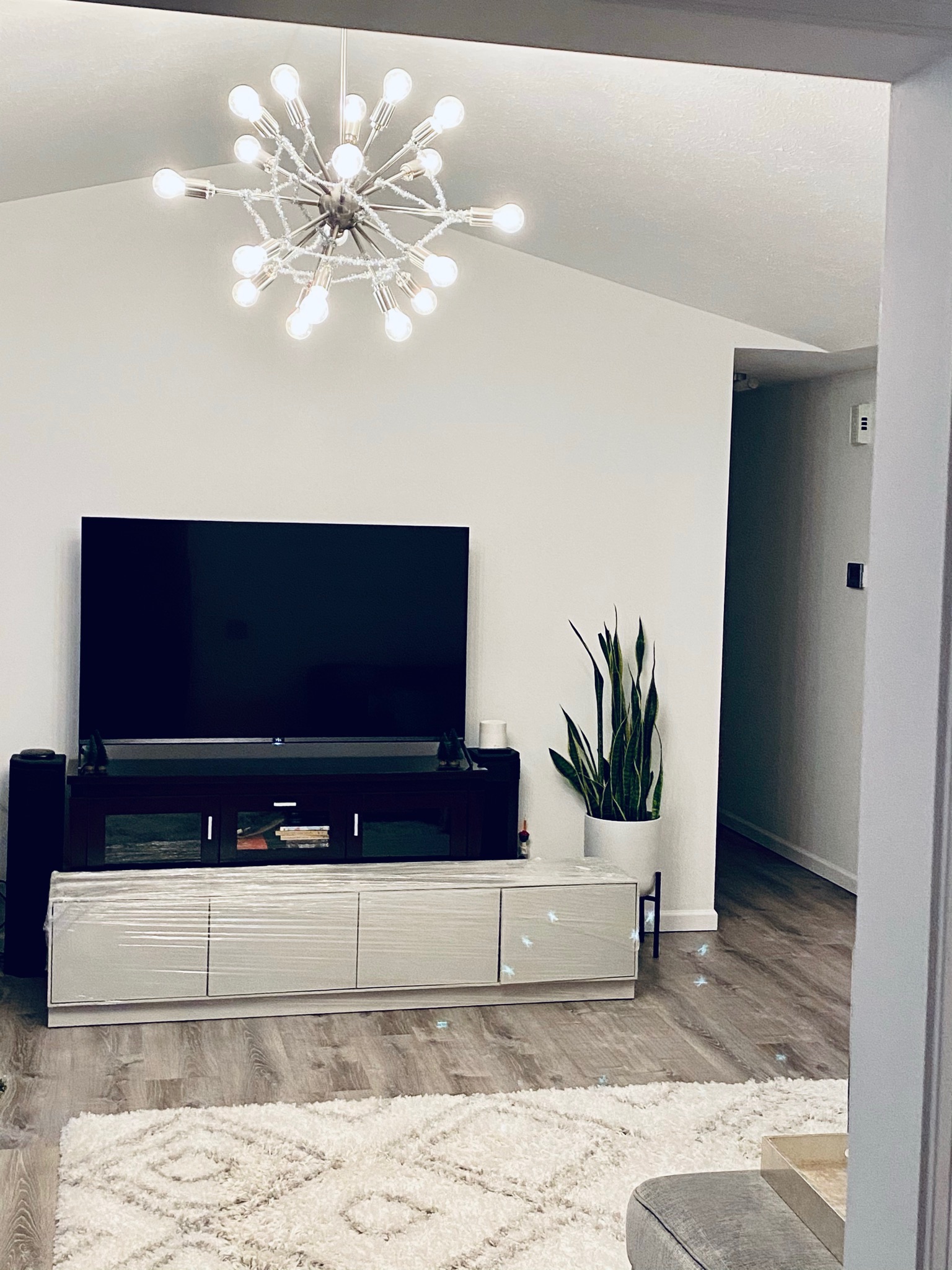 A modern Nashville living room with a large TV on a stand, a potted snake plant, light wood flooring, a white rug, and a contemporary chandelier.
